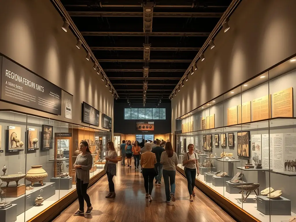 A photograph showcasing a successful joint exhibition between two regional museums, highlighting artifacts from both collections.
