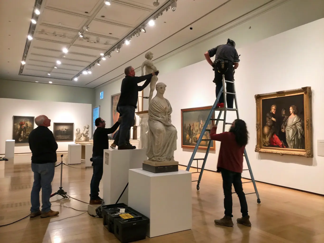 A group of museum professionals collaborating on a joint exhibition, showcasing artifacts from different museums in the Burgundy-Franche-Comté region.
