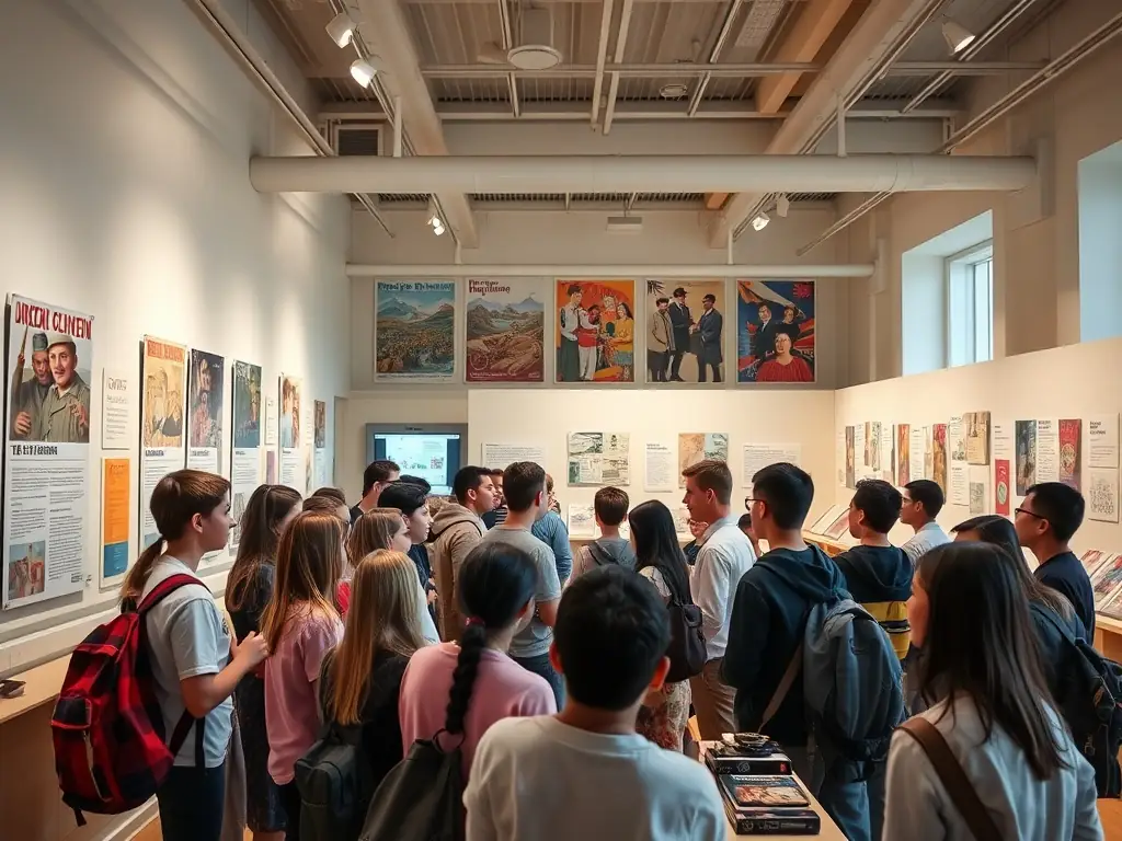 A photograph of children participating in an educational workshop at a museum, with a museum educator guiding them through an interactive activity.
