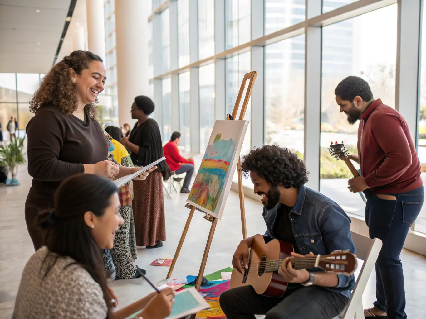 A photograph capturing a community event at a local museum, featuring live music, art displays, and diverse attendees enjoying the cultural experience.