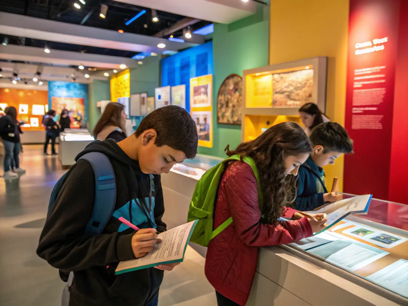 A photograph depicting children participating in an interactive educational program at a museum, with artifacts and exhibits in the background.